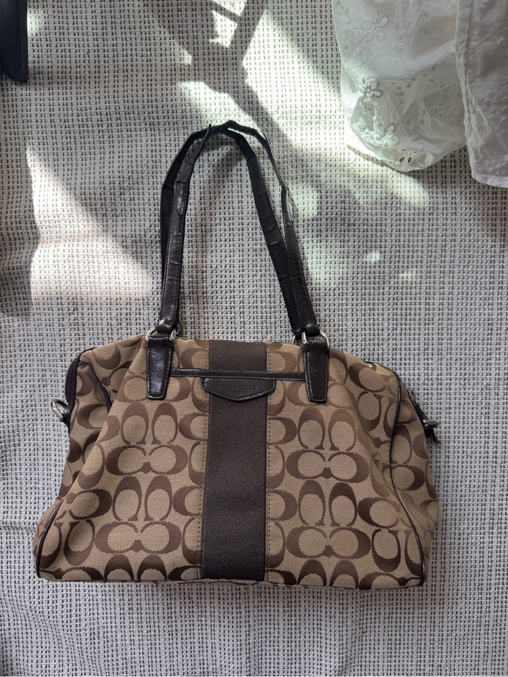 Coach Brown Signature Canvas Shoulder Bag with Dark Brown Trim